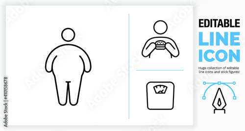 Editable line icon of obesity, junkfood and a scale