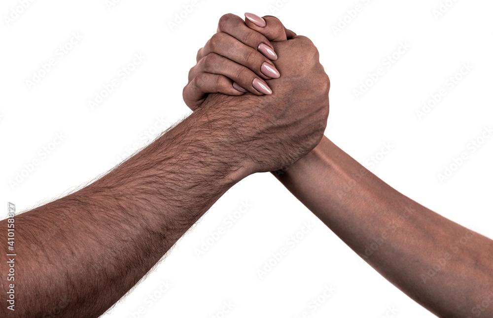 Fototapeta premium Female and male black hands isolated white background showing interlocked fingers gesture. african woman and man hands showing different joint gesture