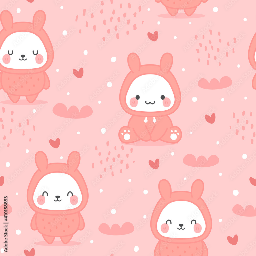 Bunny Rabbit wearing hoodie, Kawaii seamless pattern, vector illustration background, easter wallpaper for kids Bunny Rabbit wearing hoodie, Kawaii seamless pattern, vector illustration background, easter wallpaper for kids
