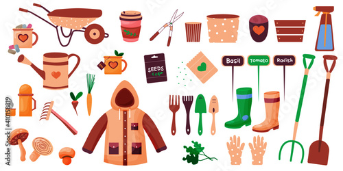 Gardening tools illustration in flat style. seedlings, garden tools and cutter. Fertilizer, gloves, insecticide, pitchfork, wheelbarrow and watering can. Eps 10