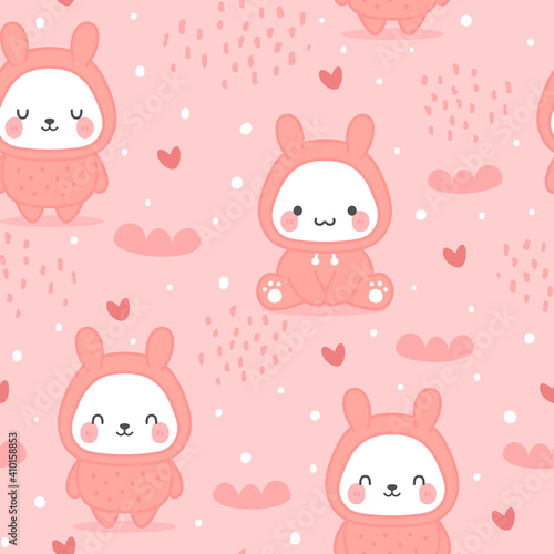 Bunny Rabbit wearing hoodie, Kawaii seamless pattern, vector illustration background, easter wallpaper for kids © Gabriel Onat