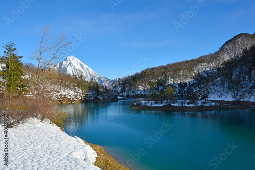 Winter at Verzegnis Lake or Lago di Verzegnis, an artificial lake in Carnia, Udine Province, Friuli-Venezia Giulia, north east Italy 