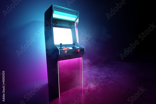 Fototapeta Neon pink and cyan glowing retro games arcade machine background