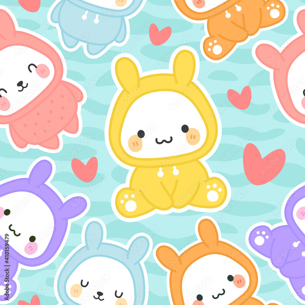 Bunny Rabbit wearing hoodie, Kawaii seamless pattern, vector illustration background, easter wallpaper for kids Bunny Rabbit wearing hoodie, Kawaii seamless pattern, vector illustration background, easter wallpaper for kids
