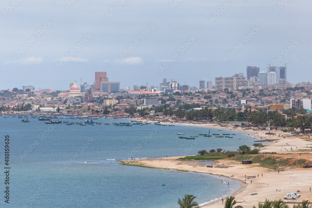 Aerial view of downtown Luanda, marine coast and beach, marginal and central buildings, in Angola