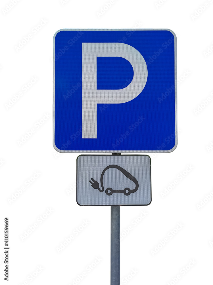 View of parking lot sign for electric cars for charging batteries on white background View of parking lot sign for electric cars for charging batteries on white background