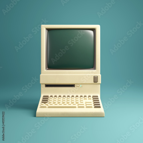 Retro 1980's style beige desktop computer and built in screen and keyboard.  3D illustration.