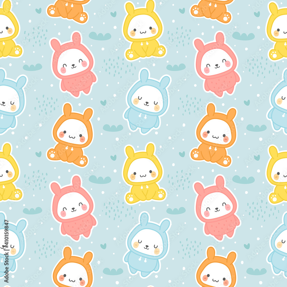 Bunny Rabbit wearing hoodie, Kawaii seamless pattern, vector illustration background, easter wallpaper for kids Bunny Rabbit wearing hoodie, Kawaii seamless pattern, vector illustration background, easter wallpaper for kids