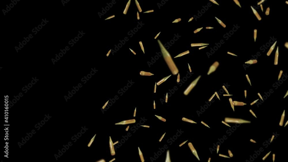 Flying many ammunition bullets on black background. Military concept. Mock up. Brown pistol bullets. 3D loop animation of bullet rotating. Flying many ammunition bullets on black background. Military concept. Mock up. Brown pistol bullets. 3D loop animation of bullet rotating.