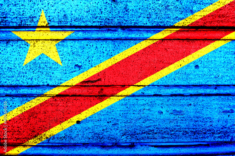 National flag of Democratic Republic of the Congo, abbreviated with cd; a realistic 3d image of the national symbol from an independent country painted on a wooden wall