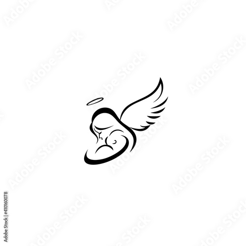 Mother with angel wing holds a small child in her arms. mama love baby kids, guardian mom