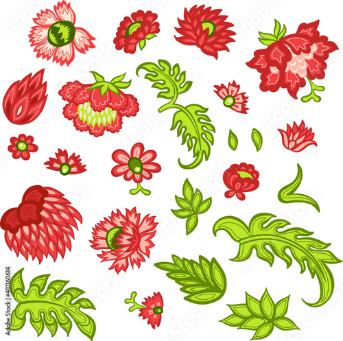 Fototapeta Naklejka Na Ścianę i Meble -  red pink flower and green leaf vector floral elements, isolated botanical clip art
