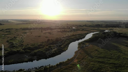 Drone sunset river field forest picnic