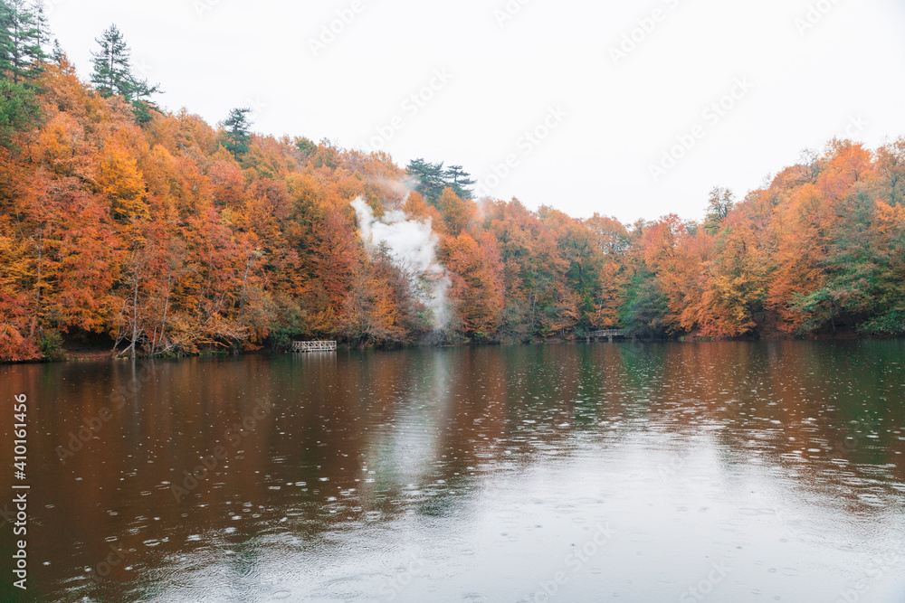 Autumn landscape by a lake, trees with autumn colors, red, orange, yellow and green leaves. Reflections of forrest in calm water. Seven Lakes, Bolu, Turkey