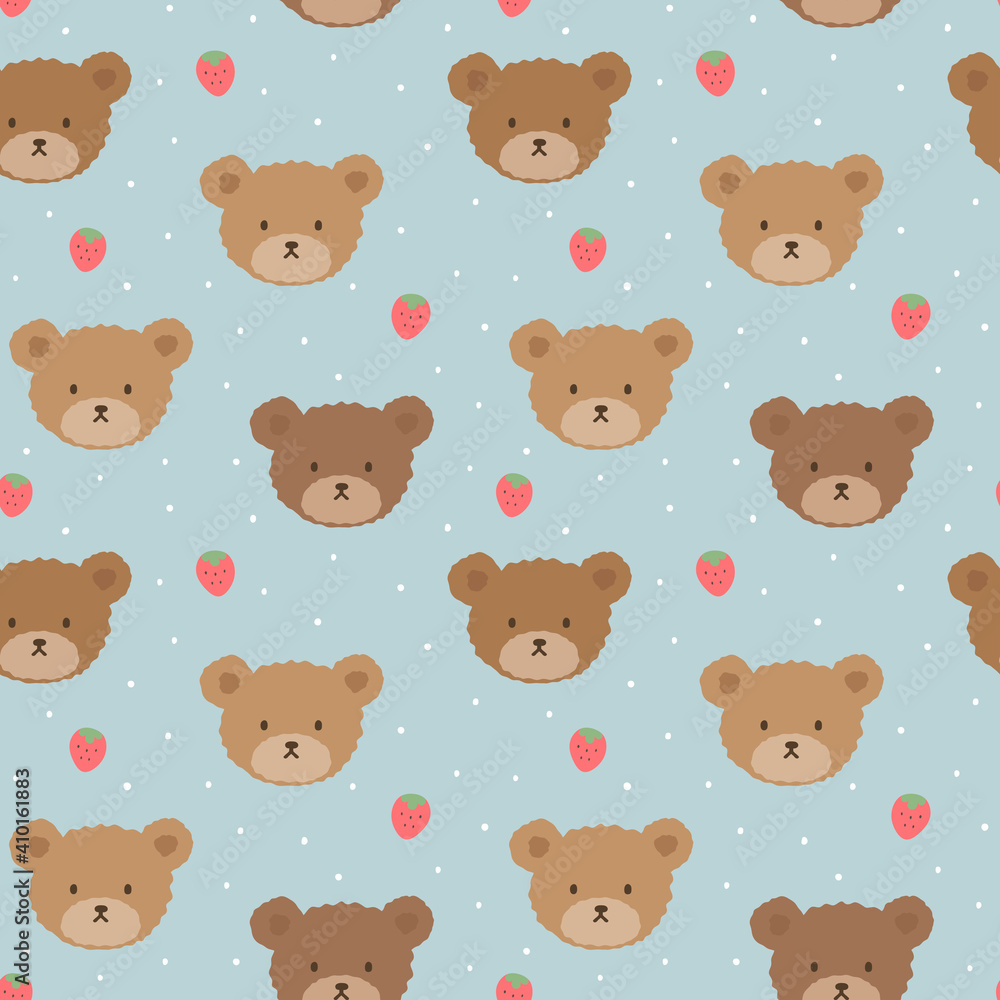 Fototapeta premium Teddy Bear Seamless Pattern Background, Happy cute bear, Cartoon Panda Bears Vector illustration for kids forest background with dots