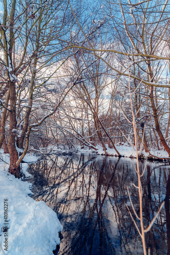 Winter landscape on the river in Reda