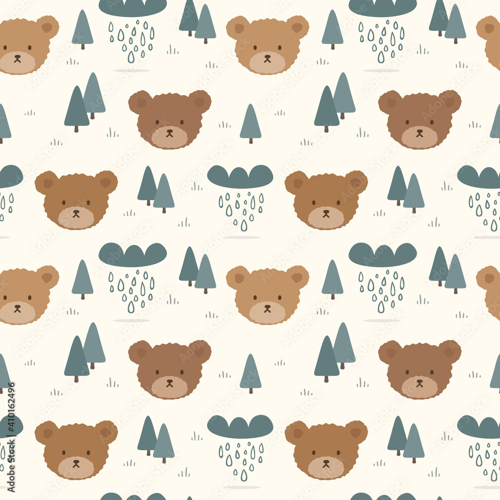 Obraz premium Teddy Bear Seamless Pattern Background, Happy cute bear, Cartoon Panda Bears Vector illustration for kids forest background with dots