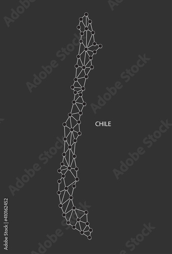 Chile Map Point scales on black background. Wire frame polygonal network white line, dot and shadow dot.