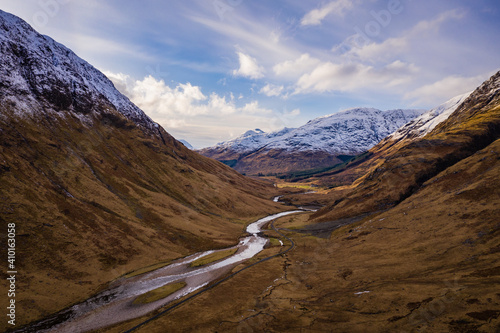 aerial shot of glen etive in the argyll region of the highlands of scotland during winter photo