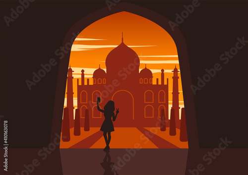 Silhouette of activities of people at famous landmark woman selfie to Taj Mahal of India,vector illustration
