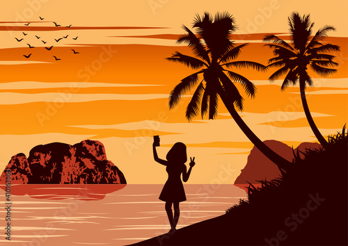 Nature scene of sea in summer woman hold smartphone to selfie herself,vector illustration