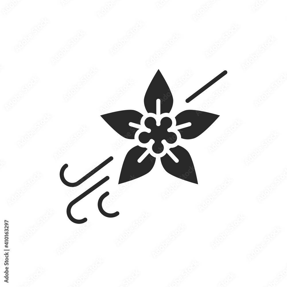 Vanilla pods and flower with caption black glyph icon. Vector illustration Vanilla pods and flower with caption black glyph icon. Vector illustration