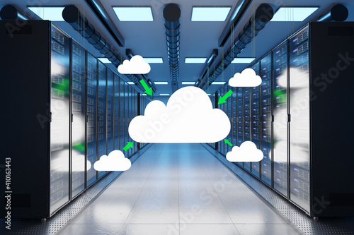 cloud storage share logo in large modern data center with multiple rows of network internet server racks, 3D Illustration