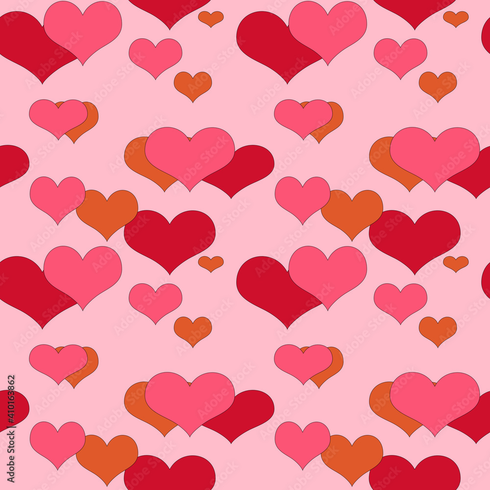 Seamless pattern,Multi colored hearts on a pink background.