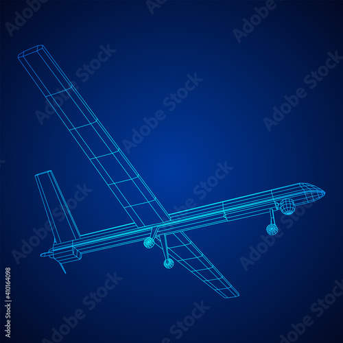 Military drone combat unmanned aerial vehicle. Recon aircraft plane. Wireframe low poly mesh vector illustration.