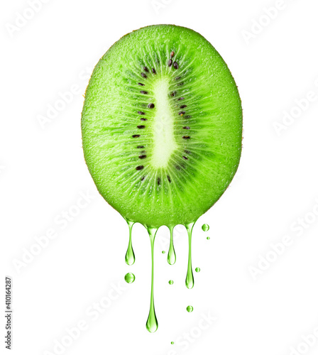 Obraz na plátne Drops of juice dripping from half of kiwi close up isolated on white background