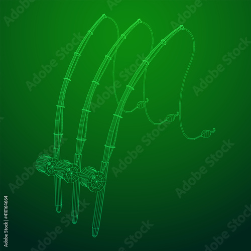 Fishing rod with line sinker and hook. Wireframe low poly mesh vector illustration.