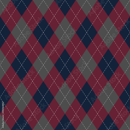 Argyle pattern winter in blue, red, grey. Wallpaper classic vector argyll dark graphic for gift wrapping, socks, sweater, jumper, digital paper, other modern fashion textile or paper print.