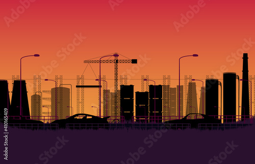 silhouette car on the road with city construction factory Industrial estate on orange gradient background