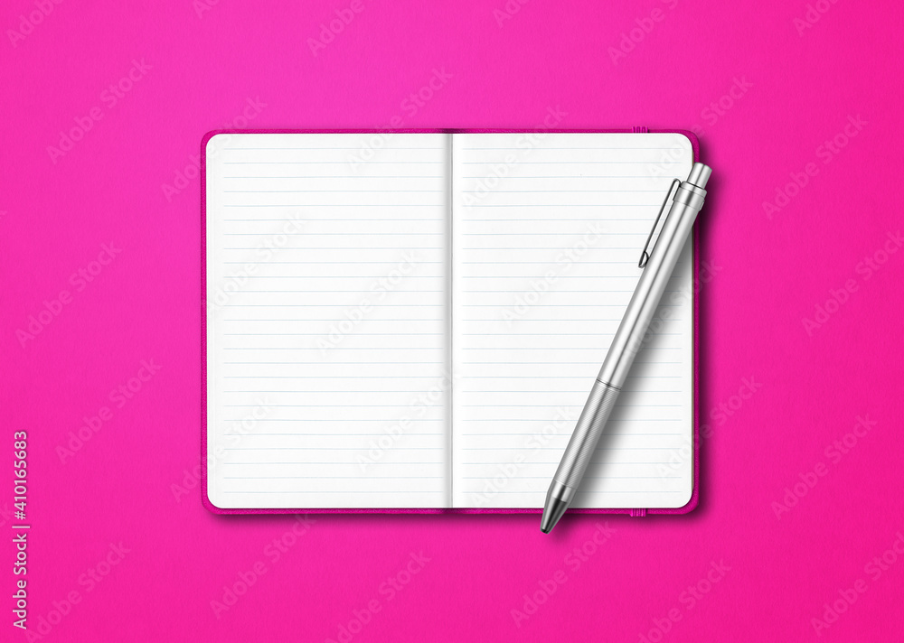 Pink open notebook with a pen isolated on colorful background Pink open notebook with a pen isolated on colorful background