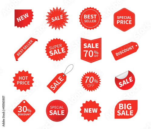 Set of sale tags. Ribbon sale banners. Red ribbon price and discount labels. Red starburst stickers. Vector illustration