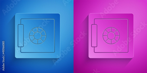 Paper cut Safe icon isolated on blue and purple background. The door safe a bank vault with a combination lock. Reliable Data Protection. Paper art style. Vector.