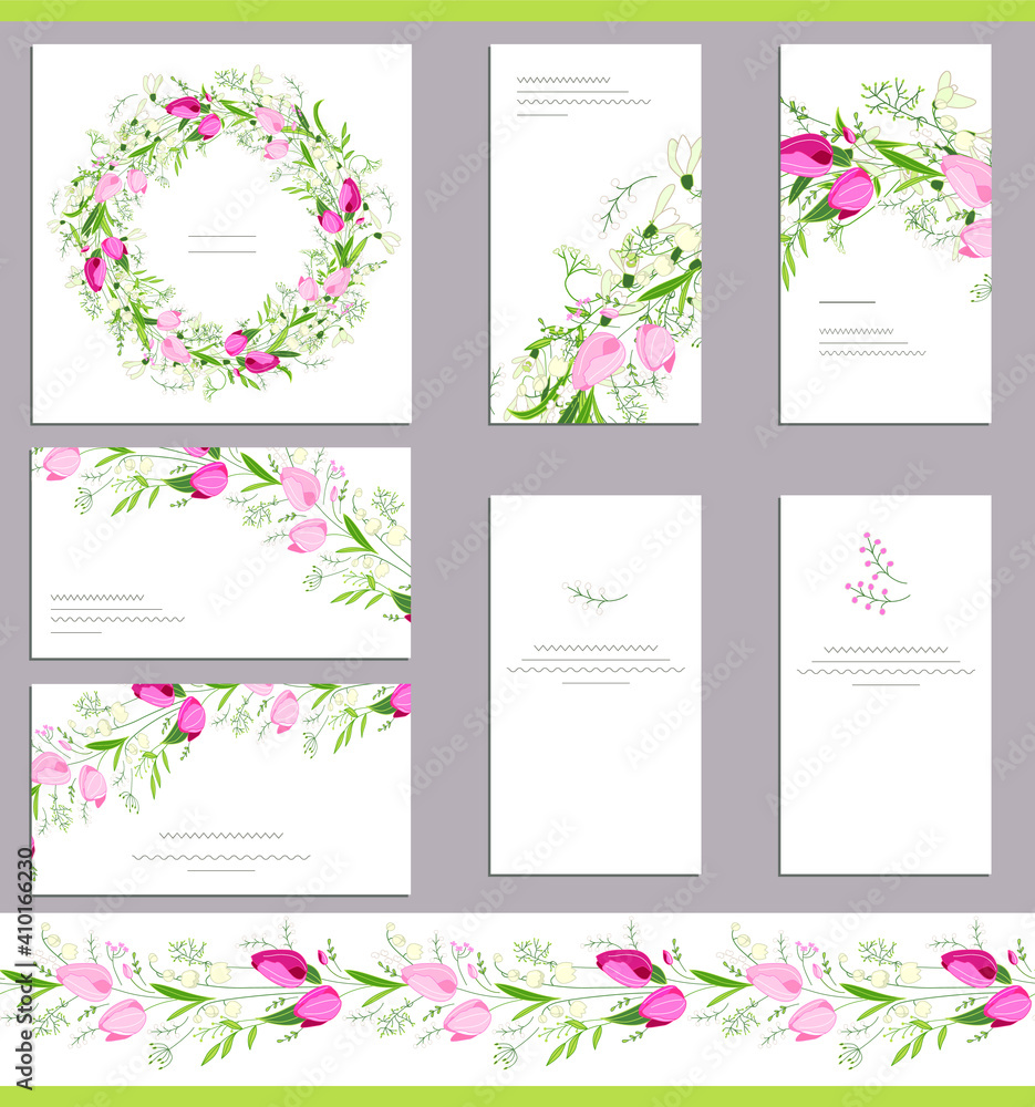 Greeting cards with different floral elements for season design