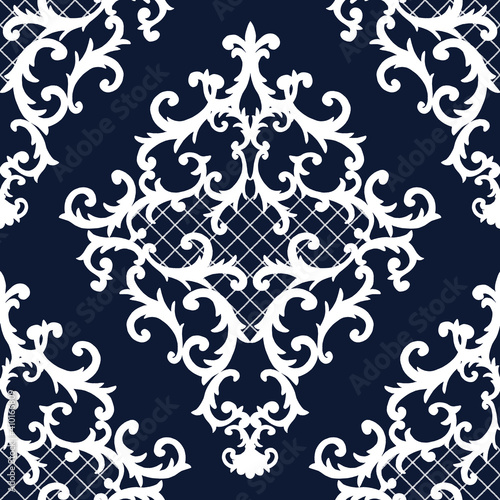 Seamless baroque style damask ornamental pattern. Hand drawn white texture on dark blue background