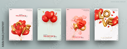 Valentines day. Romantic set vector backgrounds. Festive gift card templates with realistic 3d design elements. Holiday banners, web poster, flyers and brochures, greeting cards, group bright covers
