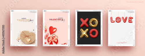 Valentines day. Romantic set vector backgrounds. Festive gift card templates with realistic 3d design elements. Holiday banners, web poster, flyers and brochures, greeting cards, group bright covers