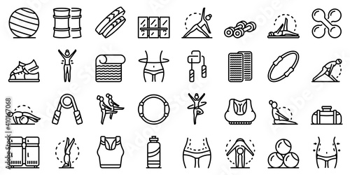 Pilates icons set. Outline set of pilates vector icons for web design isolated on white background