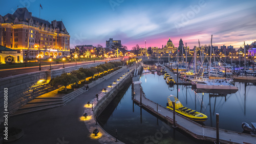 Sunset cityscape panoramic view of the Inner Harbour, the  and the Legislative Assembly of British Columbia in Victoria, B.C, Canada during Christmas Holidays.