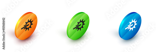 Isometric Cowboy horse riding spur for boot icon isolated on white background. Circle button. Vector.