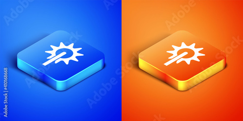 Isometric Cowboy horse riding spur for boot icon isolated on blue and orange background. Square button. Vector.