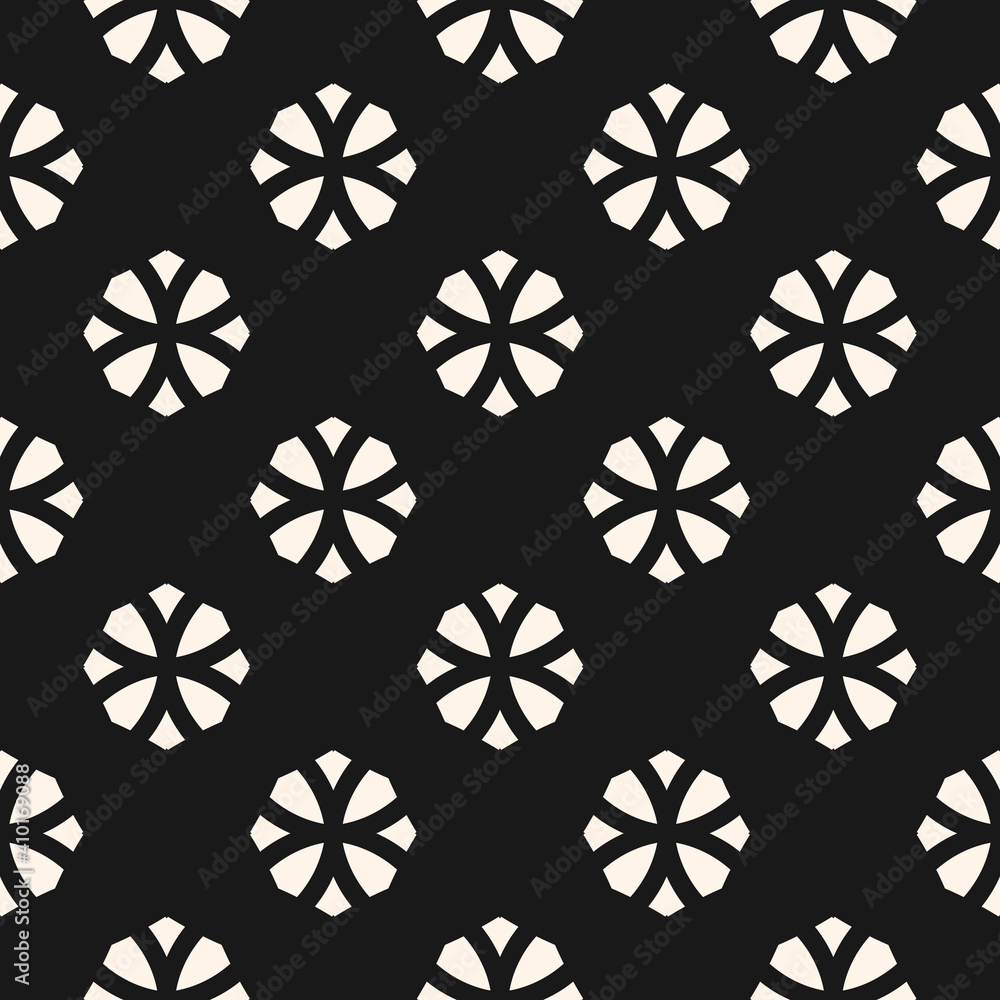 Vector geometric floral seamless pattern. Simple monochrome ornament with flower silhouettes, diamonds. Abstract ornamental black and white background. Dark repeat design for decor, print, wallpaper Vector geometric floral seamless pattern. Simple monochrome ornament with flower silhouettes, diamonds. Abstract ornamental black and white background. Dark repeat design for decor, print, wallpaper