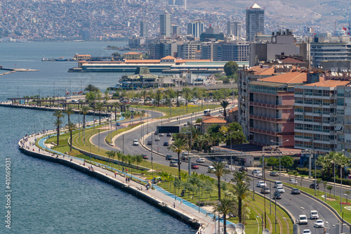 Izmir, Turkey. June 6, 2019: Landscape with aegean sea, buildings and highway. photo