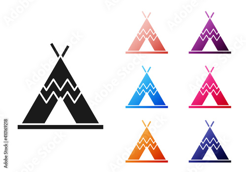 Black Traditional indian teepee or wigwam icon isolated on white background. Indian tent. Set icons colorful. Vector.