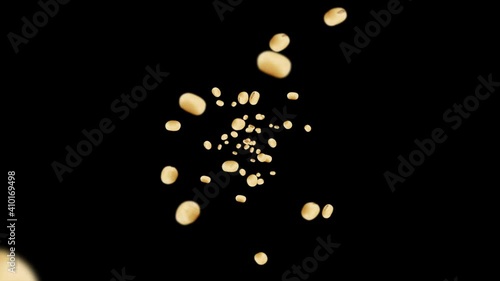 Flying many soybeans on black background. Light brown grains. Soya bean and soja. Healthy food. 3D loop animation of soy beans rotating. photo