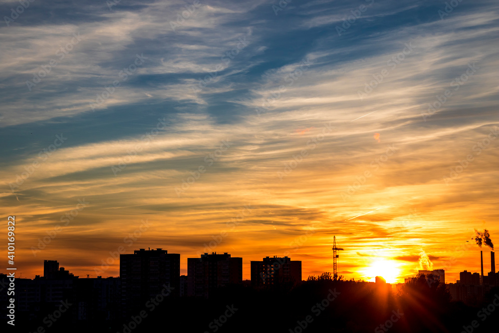 Townscape with clouds on sunset, nature background