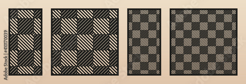 Laser cut panel set. Abstract geometric pattern with lines, squares, checkered texture. Decorative template for wood cut, paper card, metal cutting, engraving, fretwork, carving. Aspect ratio 1:1, 1:2
